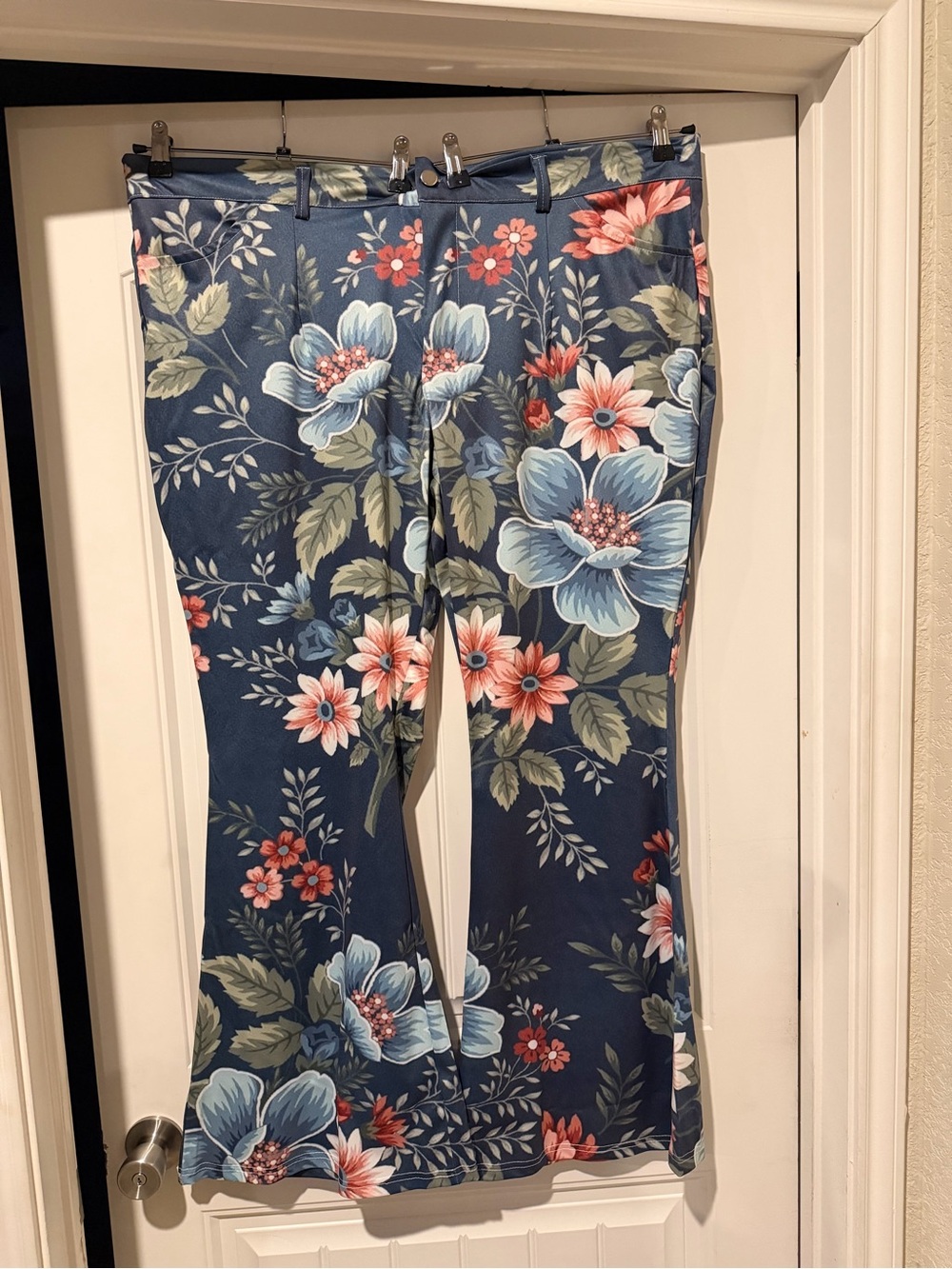 Navy Floral Wide-Leg Pants with Blue & Coral Blooms